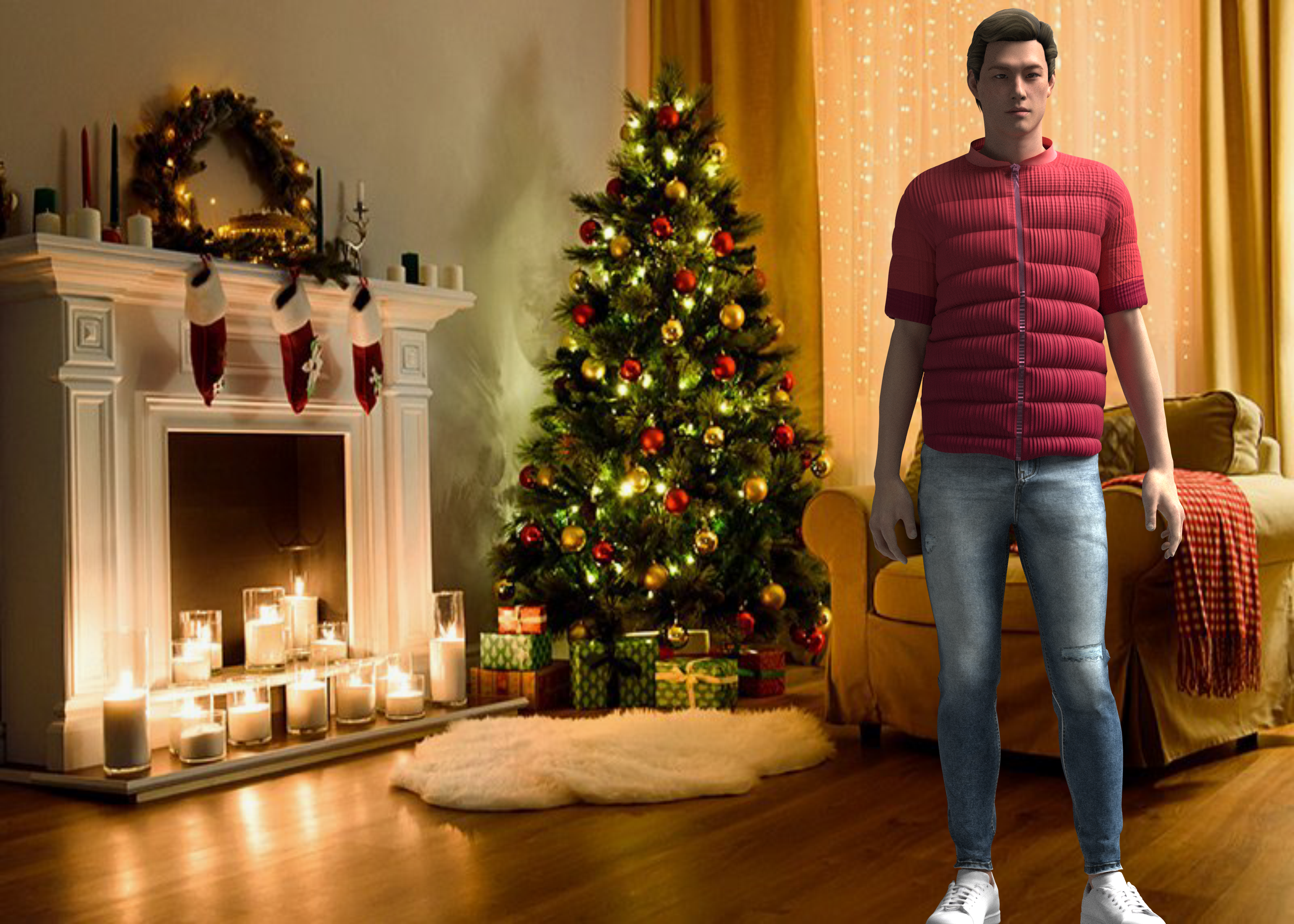 Menswear CLO 3D render in Christmas interior scene