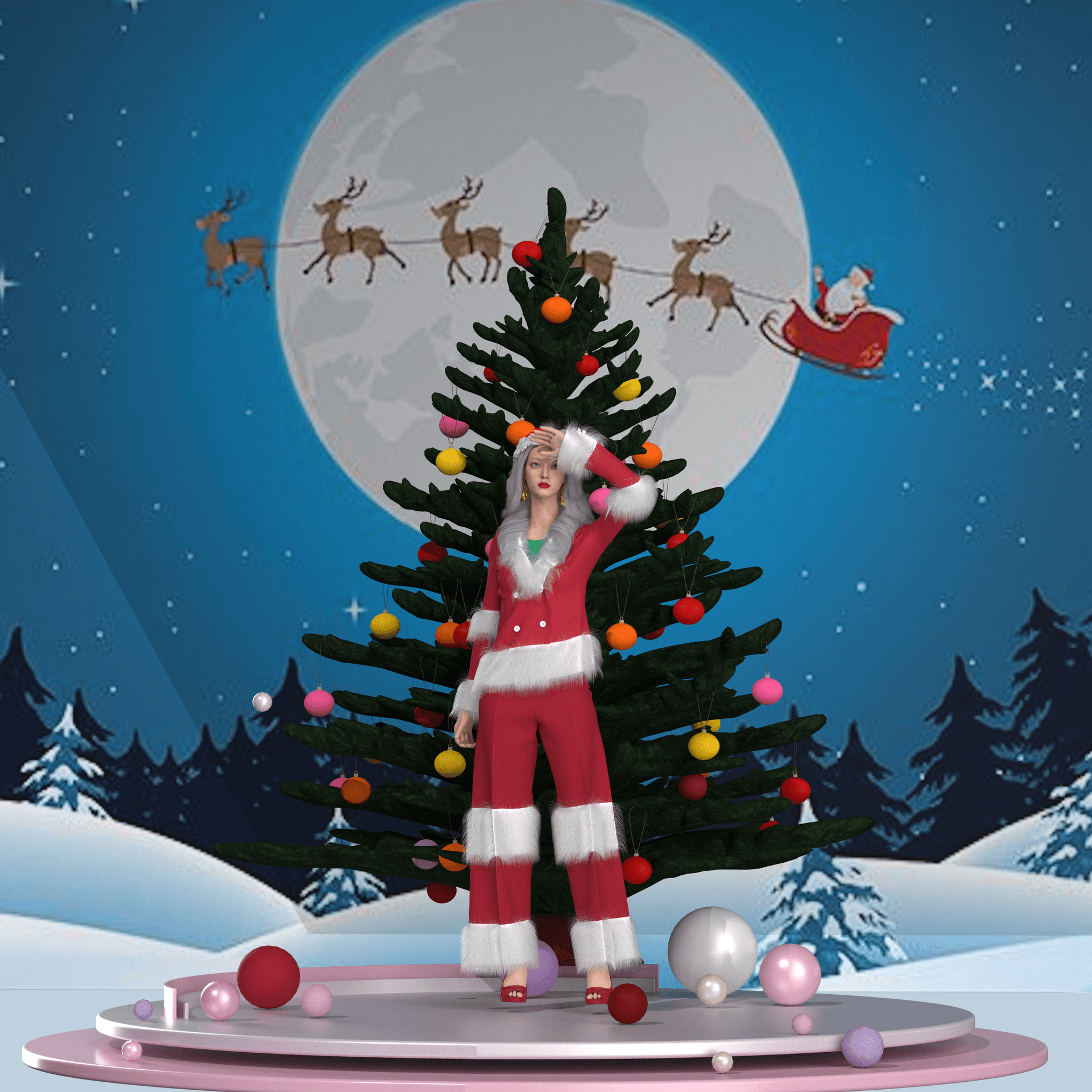 Christmas themed CLO 3D fashion scene with model and decorated tree