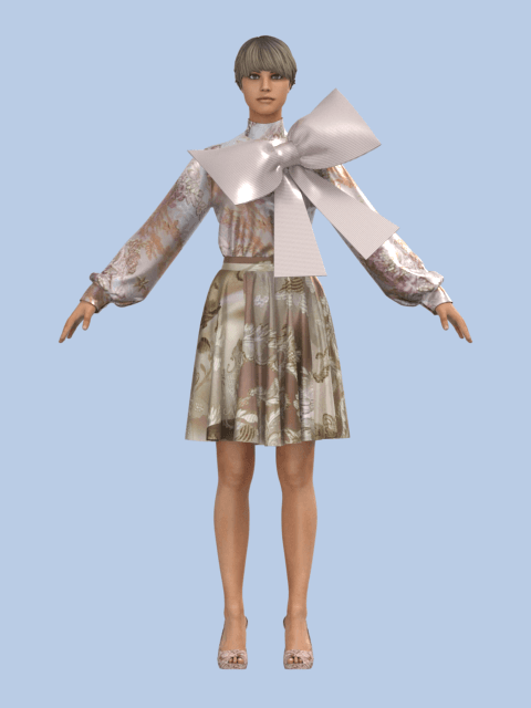 Floral blouse and skirt CLO 3D render with oversized bow detail