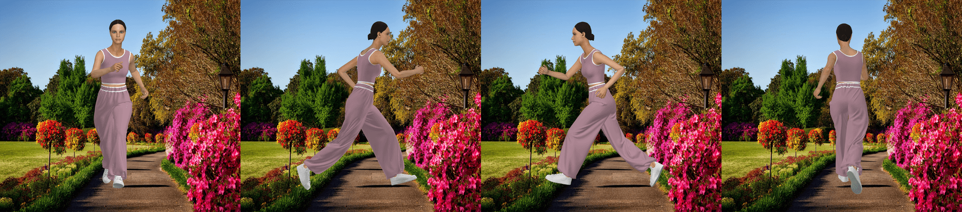 Four frame garment walk cycle board in a garden setting