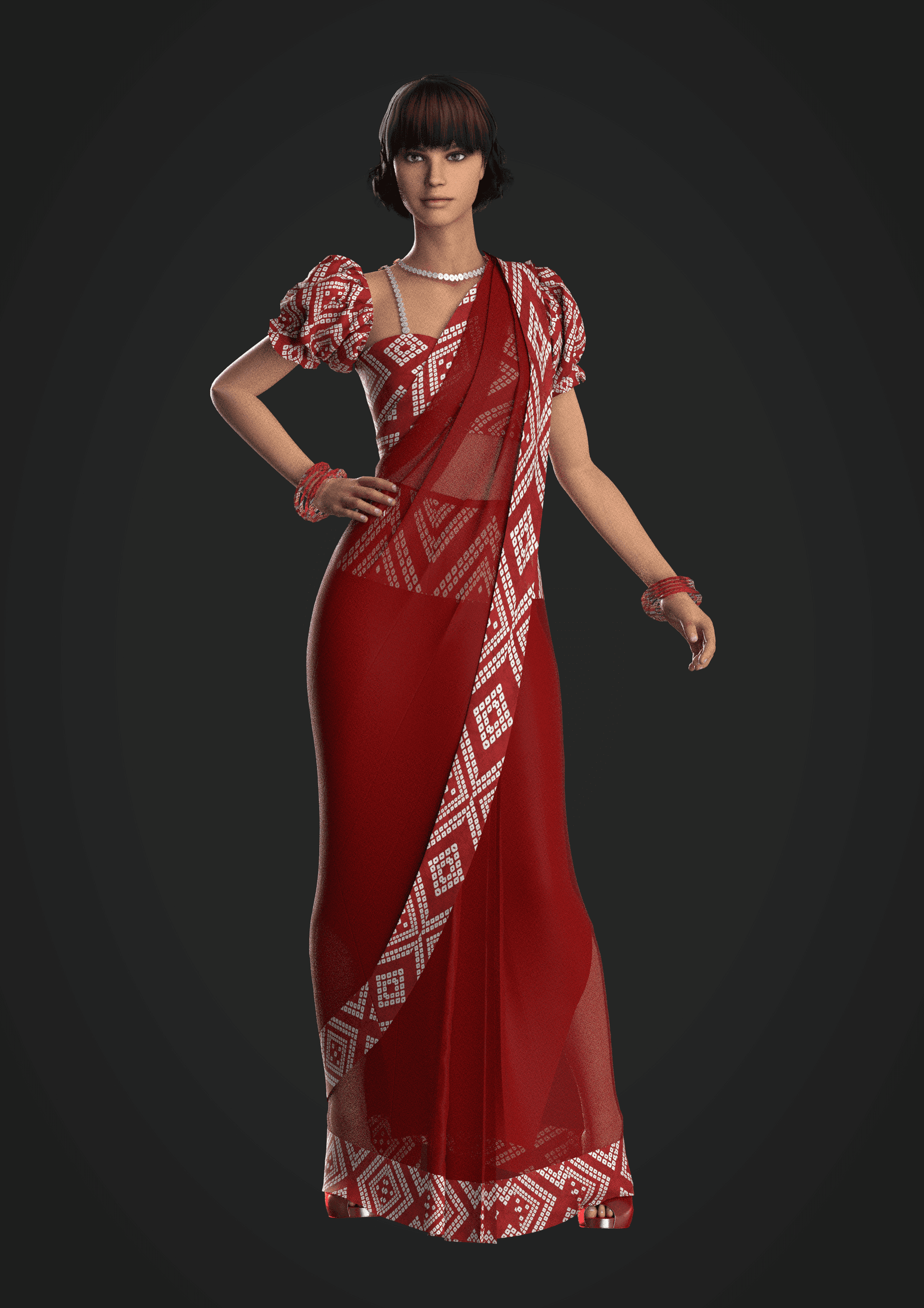 Red saree CLO 3D render with patterned border