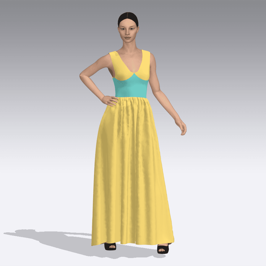 Yellow colour block gown CLO 3D render