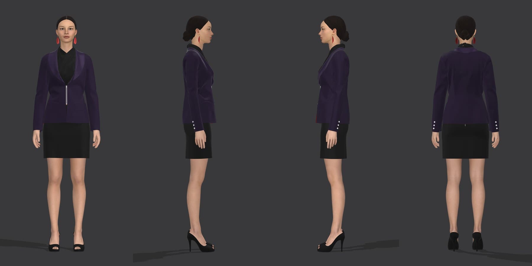 Tailored purple jacket and skirt CLO development render